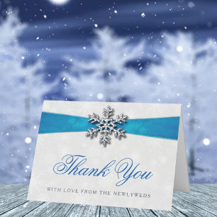 Diamante Sneeuwvlok & Blauwe Lint Winterhuwelijk Folie Wenskaart