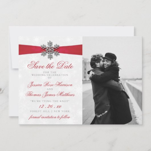 Diamante Sneeuwvlok & Rode Lint Winterhuwelijk Save The Date (Voorkant)