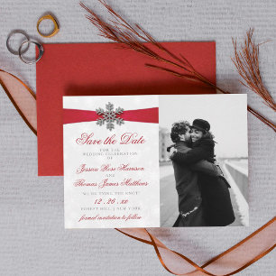 Diamante Sneeuwvlok & Rode Lint Winterhuwelijk Save The Date