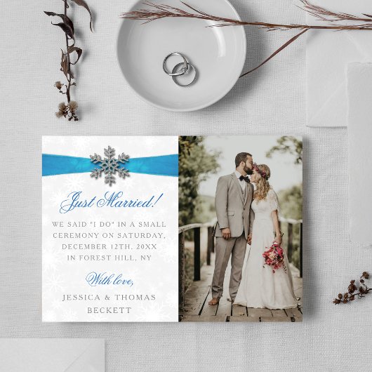 Diamante Snowflake & Blue Ribbon Winter Wedding Aankondiging