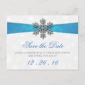 Diamante Snowflake & Blue Ribbon Winter Wedding Aankondigingskaart (Voorkant)