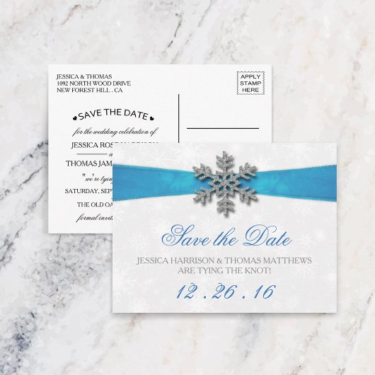 Diamante Snowflake & Blue Ribbon Winter Wedding Aankondigingskaart