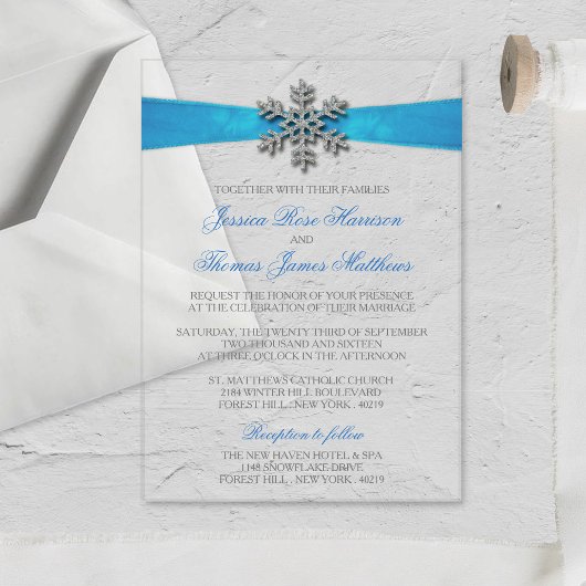 Diamante Snowflake & Blue Ribbon Winter Wedding Acryl Uitnodigingen