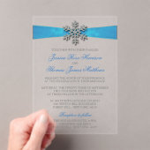 Diamante Snowflake & Blue Ribbon Winter Wedding Acryl Uitnodigingen (Insitu (Draagbaar))
