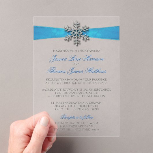 Diamante Snowflake & Blue Ribbon Winter Wedding Acryl Uitnodigingen (Insitu (Draagbaar))