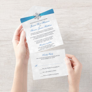 Diamante Snowflake & Blue Ribbon Winter Wedding All In One Uitnodiging