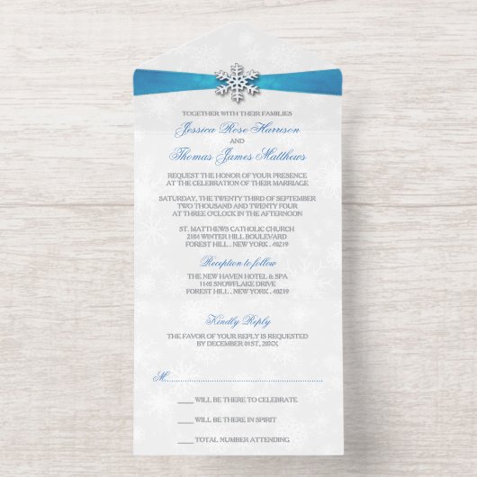 Diamante Snowflake & Blue Ribbon Winter Wedding All In One Uitnodiging (Binnenkant)