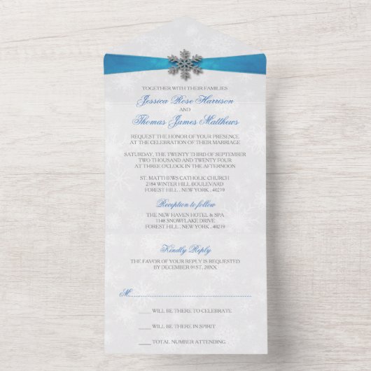 Diamante Snowflake & Blue Ribbon Winter Wedding All In One Uitnodiging (Binnen)