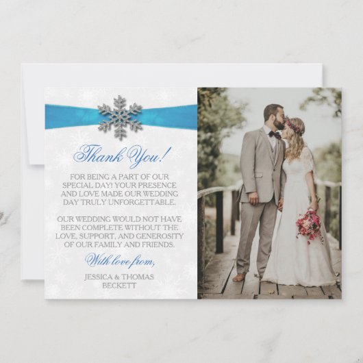 Diamante Snowflake & Blue Ribbon Winter Wedding Bedankkaart (Voorkant)