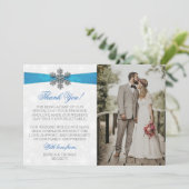 Diamante Snowflake & Blue Ribbon Winter Wedding Bedankkaart (Staand voorkant)