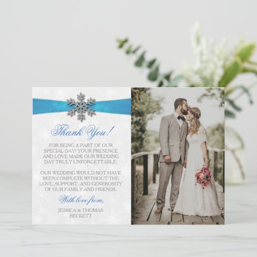 Diamante Snowflake & Blue Ribbon Winter Wedding Bedankkaart (Staand voorkant)