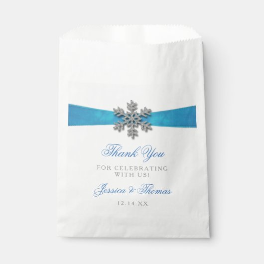 Diamante Snowflake & Blue Ribbon Winter Wedding Bedankzakje (Voorkant)