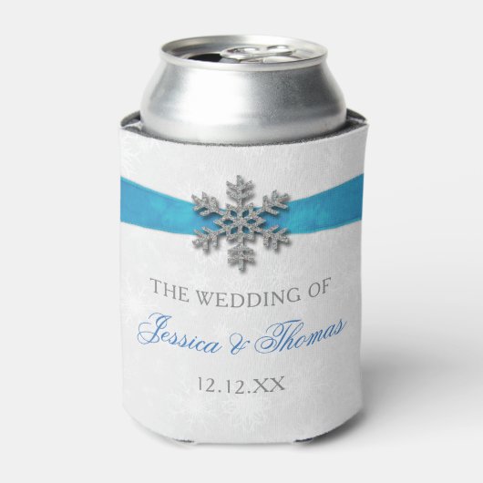 Diamante Snowflake & Blue Ribbon Winter Wedding Blikjeskoeler (Blikje Voorkant)