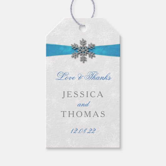 Diamante Snowflake & Blue Ribbon Winter Wedding Cadeaulabel (Voorkant)