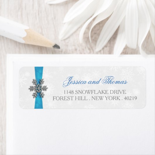 Diamante Snowflake & Blue Ribbon Winter Wedding Etiket (Insitu)