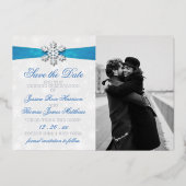 Diamante Snowflake & Blue Ribbon Winter Wedding Folie Uitnodiging (Voorkant)