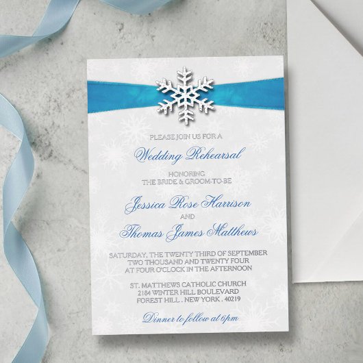 Diamante Snowflake & Blue Ribbon Winter Wedding Folie Uitnodiging