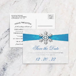 Diamante Snowflake & Blue Ribbon Winter Wedding Folie Uitnodiging Briefkaart