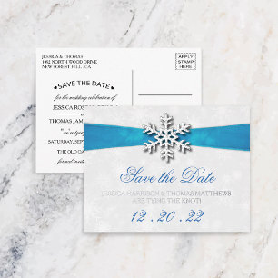 Diamante Snowflake & Blue Ribbon Winter Wedding Folie Uitnodiging Briefkaart