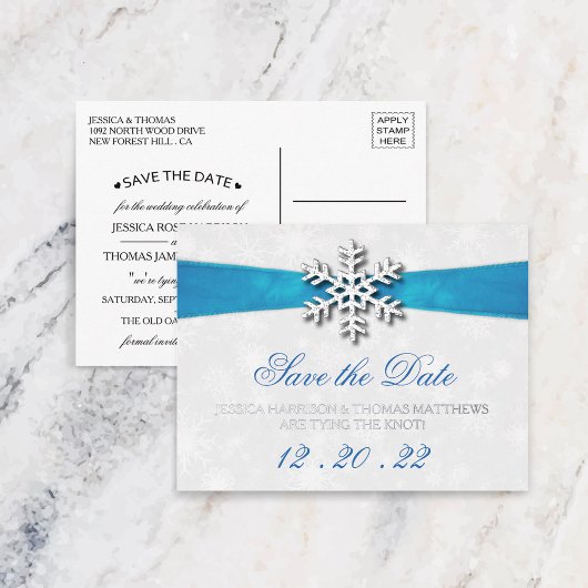 Diamante Snowflake & Blue Ribbon Winter Wedding Folie Uitnodiging Briefkaart