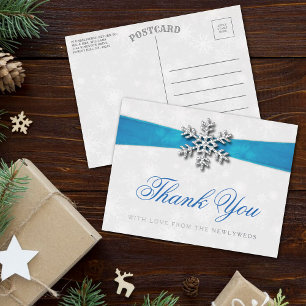 Diamante Snowflake & Blue Ribbon Winter Wedding Folie Uitnodiging Briefkaart
