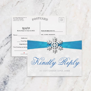 Diamante Snowflake & Blue Ribbon Winter Wedding Folie Uitnodiging Briefkaart