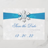 Diamante Snowflake & Blue Ribbon Winter Wedding Folie Uitnodiging Briefkaart (Voorkant)