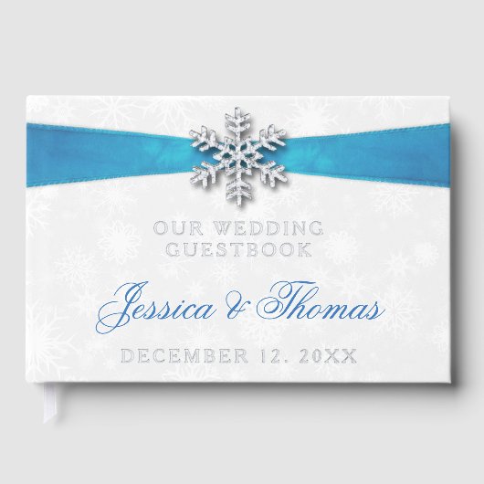 Diamante Snowflake & Blue Ribbon Winter Wedding Gastenboek (Voorkant)