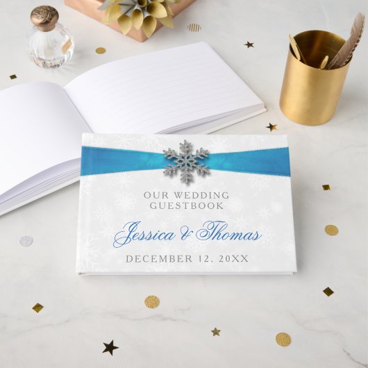 Diamante Snowflake & Blue Ribbon Winter Wedding Gastenboek (Voorkant open)