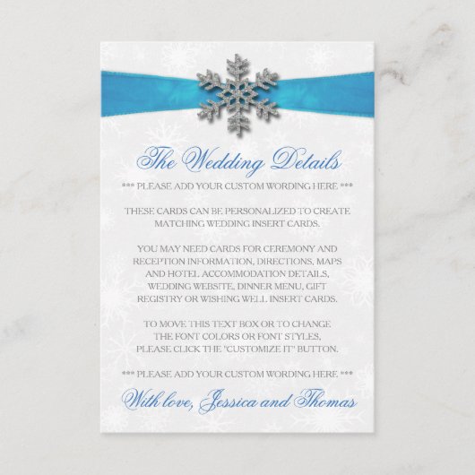 Diamante Snowflake & Blue Ribbon Winter Wedding Informatiekaartje (Voorkant)
