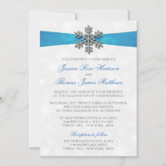 Diamante Snowflake & Blue Ribbon Winter Wedding Kaart (Voorkant)