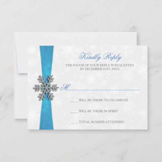 Diamante Snowflake & Blue Ribbon Winter Wedding Kaart (Voorkant)