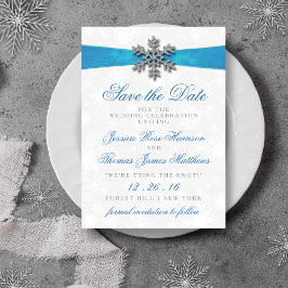 Diamante Snowflake & Blue Ribbon Winter Wedding Kaart