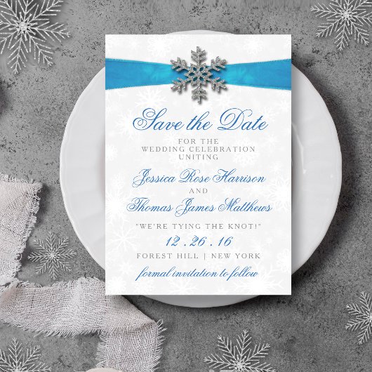 Diamante Snowflake & Blue Ribbon Winter Wedding Kaart