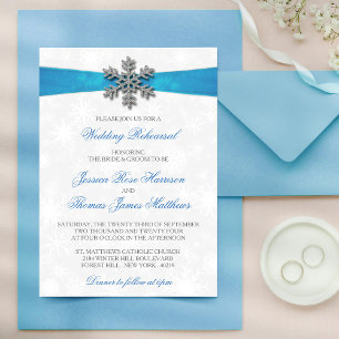 Diamante Snowflake & Blue Ribbon Winter Wedding Kaart