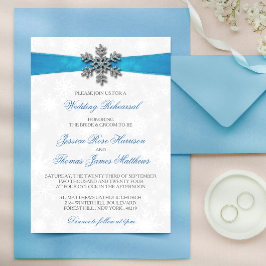 Diamante Snowflake & Blue Ribbon Winter Wedding Kaart