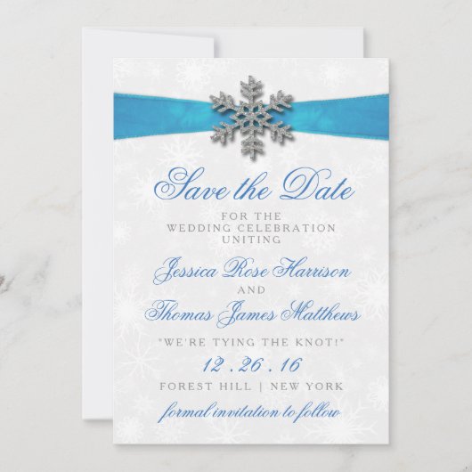 Diamante Snowflake & Blue Ribbon Winter Wedding Kaart (Voorkant)