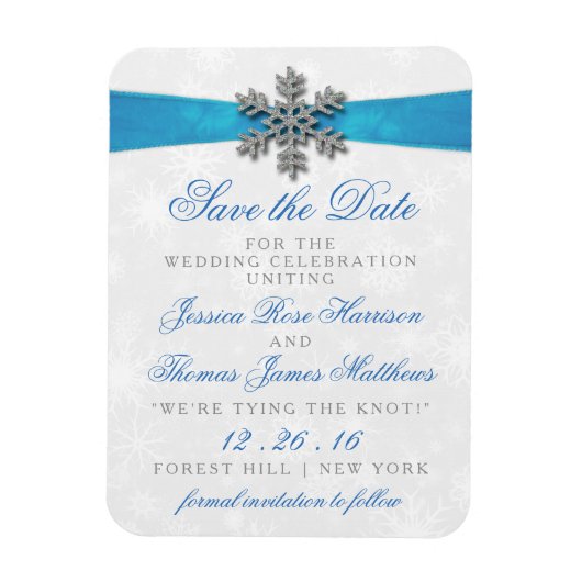 Diamante Snowflake & Blue Ribbon Winter Wedding Magneet (Verticaal)