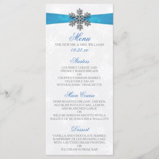 Diamante Snowflake & Blue Ribbon Winter Wedding Menu (Voorkant)