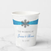 Diamante Snowflake & Blue Ribbon Winter Wedding Papieren Bekers (Achterkant)