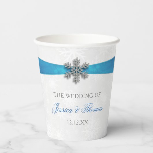 Diamante Snowflake & Blue Ribbon Winter Wedding Papieren Bekers (Achterkant)