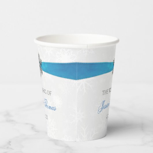 Diamante Snowflake & Blue Ribbon Winter Wedding Papieren Bekers (Rechts)