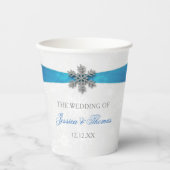 Diamante Snowflake & Blue Ribbon Winter Wedding Papieren Bekers (Voorkant)