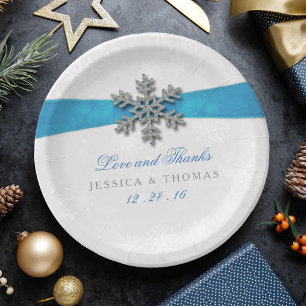 Diamante Snowflake & Blue Ribbon Winter Wedding Papieren Bordje