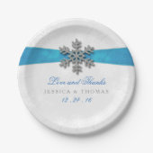 Diamante Snowflake & Blue Ribbon Winter Wedding Papieren Bordje (Voorkant)