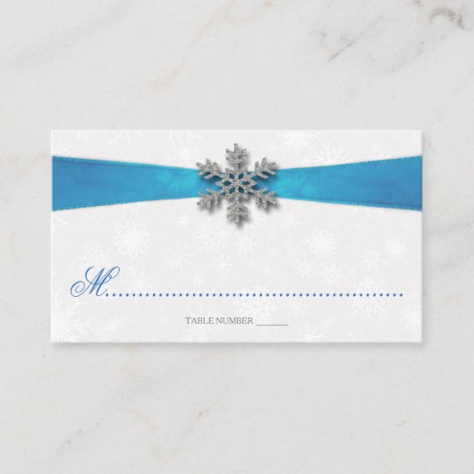 Diamante Snowflake & Blue Ribbon Winter Wedding Plaatskaartje (Voorkant)
