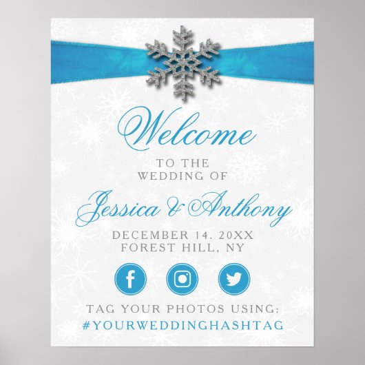 Diamante Snowflake & Blue Ribbon Winter Wedding Poster (Voorkant)