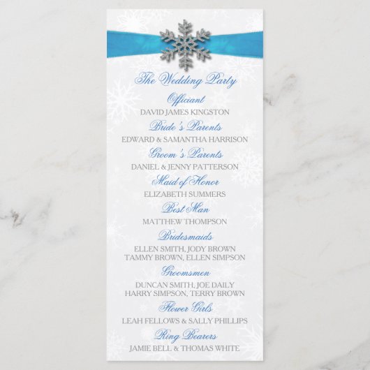 Diamante Snowflake & Blue Ribbon Winter Wedding Programmakaart (Achterkant)
