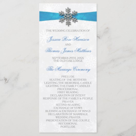 Diamante Snowflake & Blue Ribbon Winter Wedding Programmakaart (Voorkant)