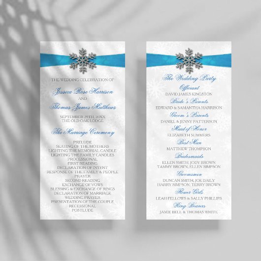 Diamante Snowflake & Blue Ribbon Winter Wedding Programmakaart